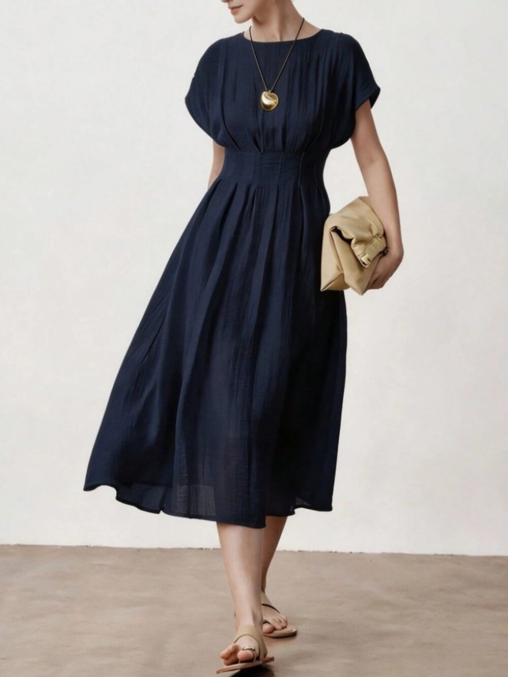 Navy Textured Midi Dress with Cinched Waist